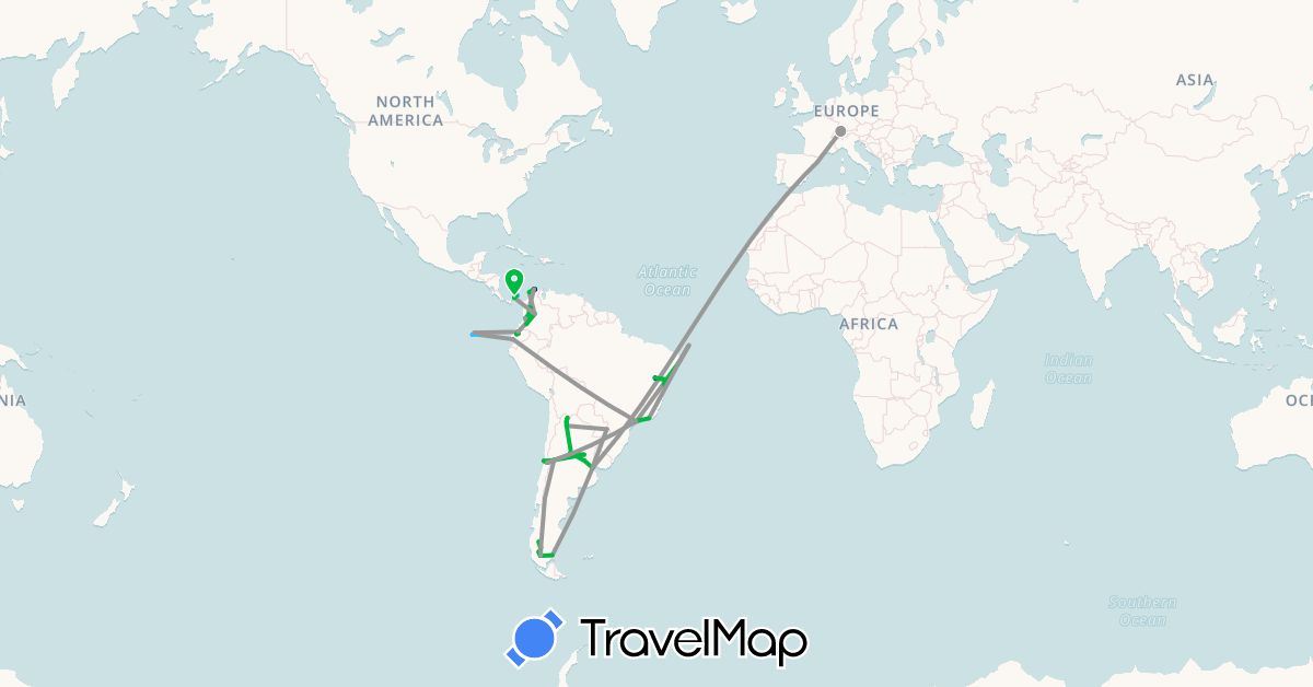 TravelMap itinerary: driving, bus, plane, hiking, boat in Argentina, Brazil, Switzerland, Chile, Colombia, Ecuador, Spain, Panama (Europe, North America, South America)